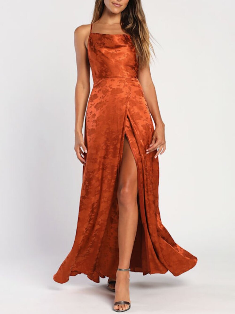 Lulus Simply Dreamy Rust Orange Satin Floral Jacquard Maxi Dress - Size 2X